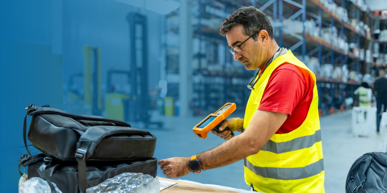 Trabajador de almacén con chaleco reflectante, usando un dispositivo handheld Honeywell de color naranja para escanear un paquete de cartón.
