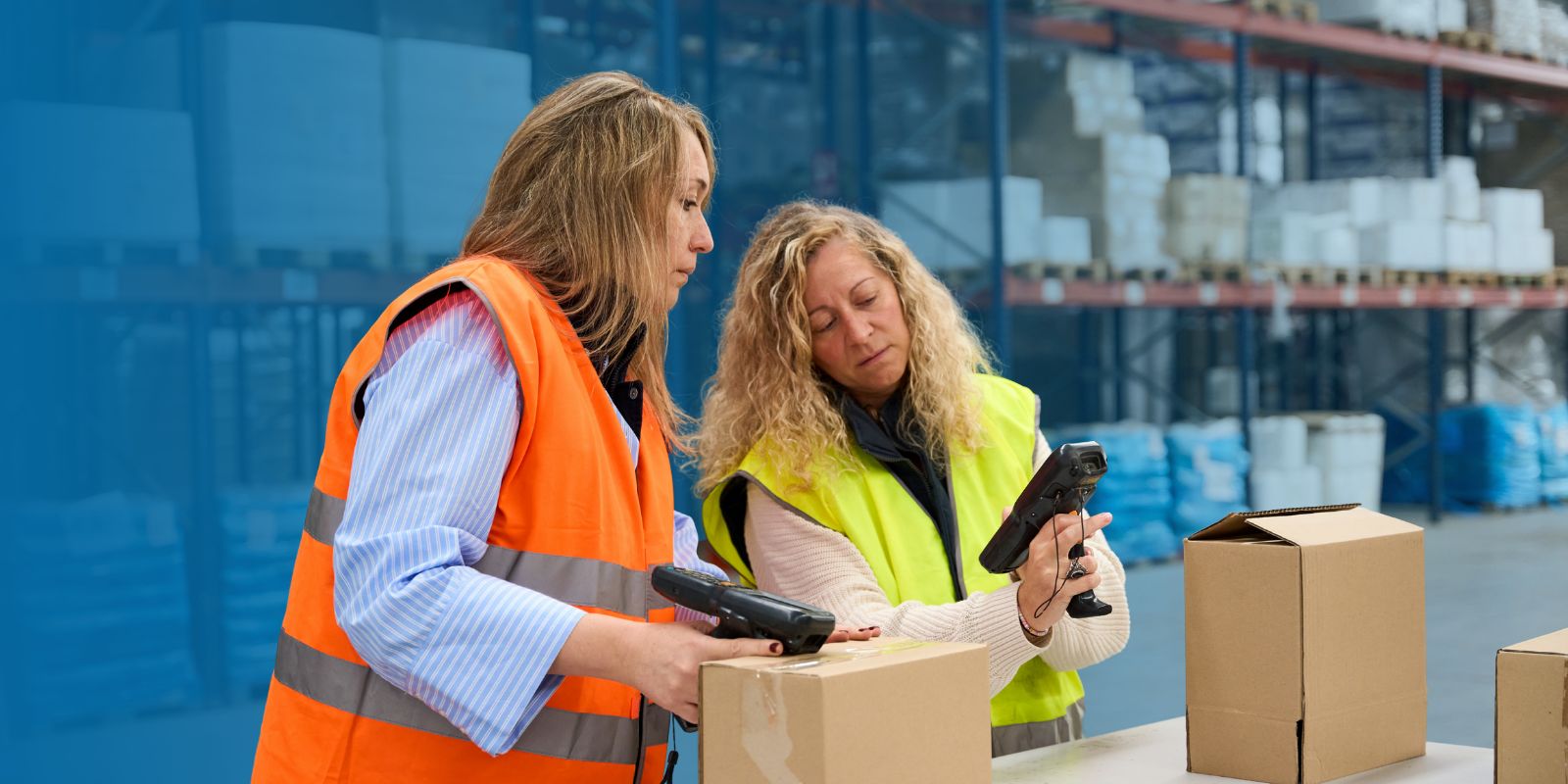 Dos trabajadoras de almacén con chalecos reflectantes, usando dispositivos handheld para escanear y verificar un paquete en el área de despacho.