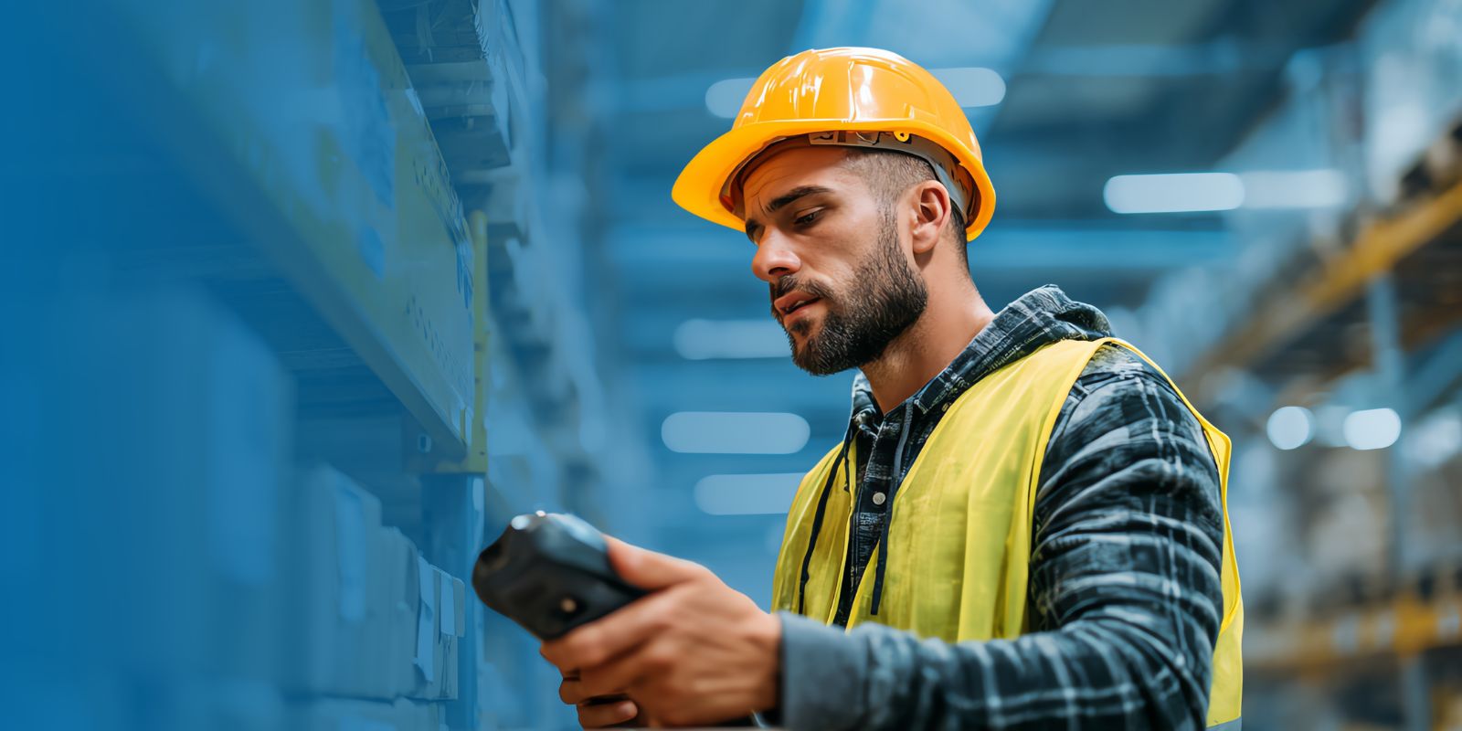 Operario de almacén con casco amarillo y chaleco reflectante, usando un dispositivo handheld para escanear inventario en un pasillo industrial.