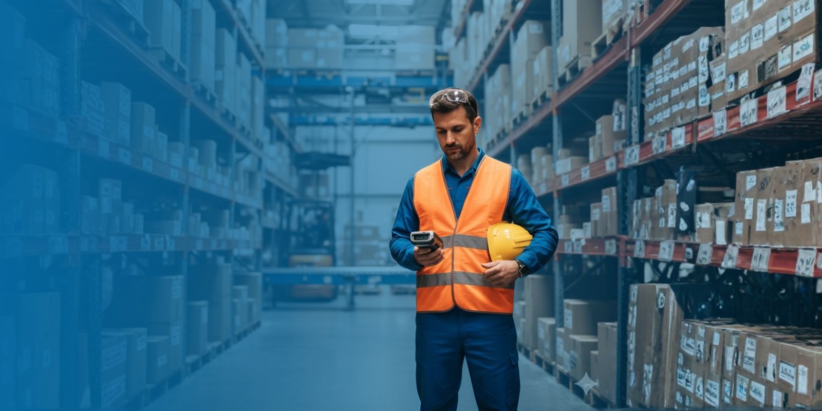 Operaria de almacén con chaleco y casco, usando un dispositivo handheld para escanear cajas en un pasillo de estanterías de un centro de distribución.