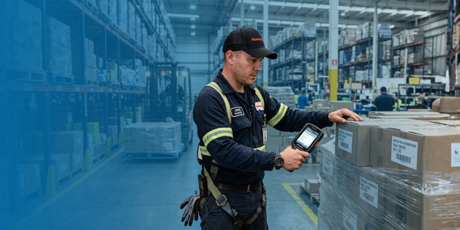 Operador logístico utilizando una handheld Honeywell EDA52 para el escaneo de códigos de barras y gestión de inventario en un almacén industrial.