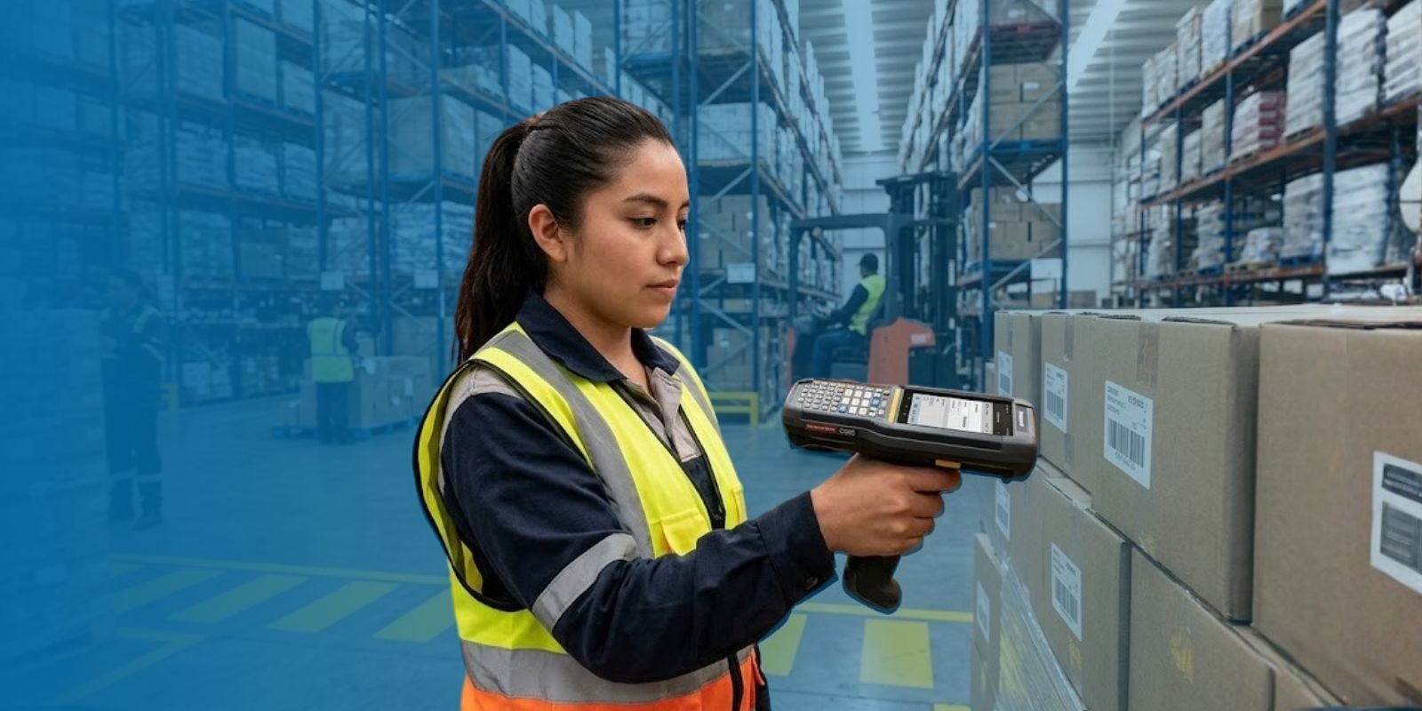 renta-handheld-honeywell-ck65-inventarios-almacen Operadora logística utilizando una handheld Honeywell CK65 para el escaneo de inventario en un almacén de alta demanda.