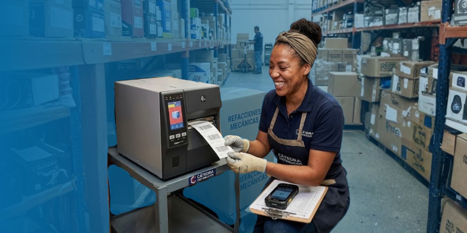 comparativa-zebra-zt411-vs-honeywell-pm45-impresora-industrial Operadora Elena comparando etiquetas impresas en una Zebra ZT411 frente a una Honeywell PM45 en un centro de distribución.