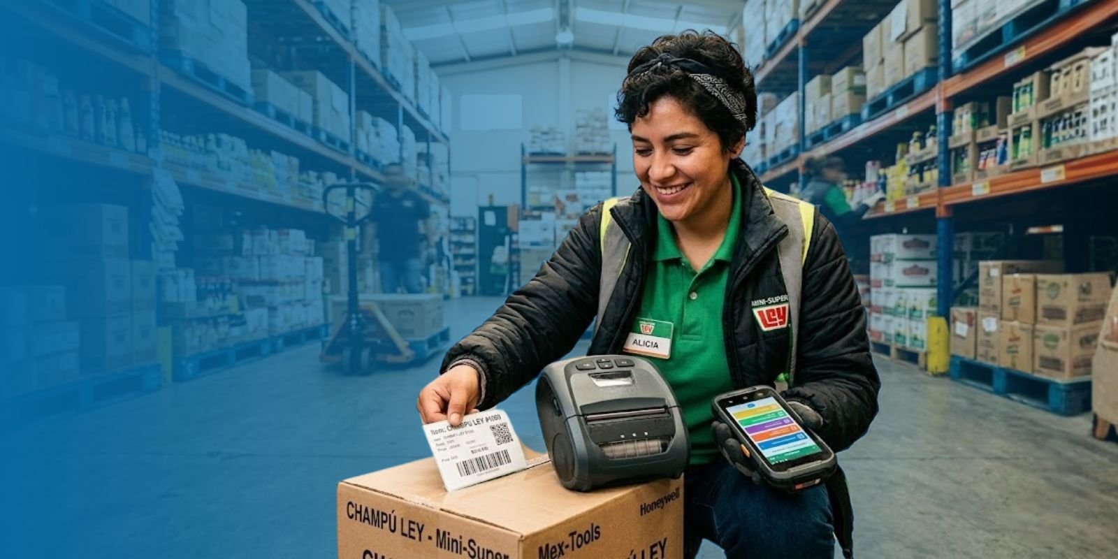 renta-equipos-zebra-software-inventarios-b2b-logistica Operadora Alicia utilizando una terminal portátil Zebra y una impresora térmica Zebra configuradas con software de inventarios B2B.