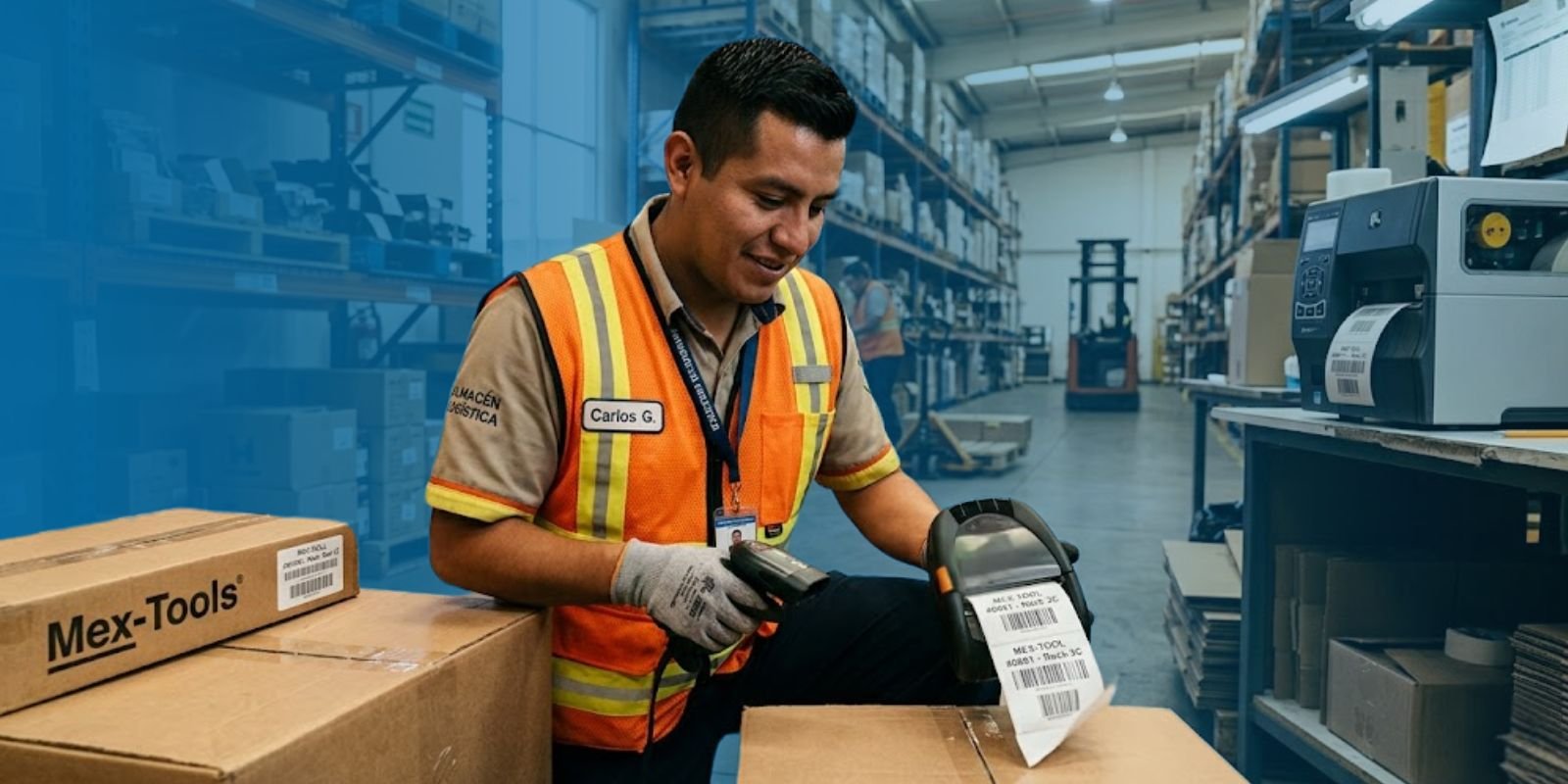 renta-impresoras-honeywell-buen-fin-etiquetado-de-logistica Operador logístico utilizando una impresora de etiquetas Honeywell rentada para el marcaje de precios durante el Buen Fin en un almacén.